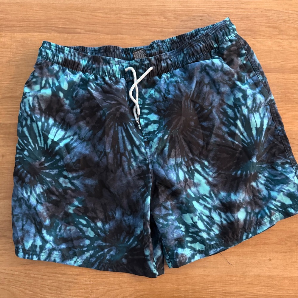 Original Use Mens Tie Dye Swim Trunks XL Blue Black Elastic Waist Mesh Lined 6in